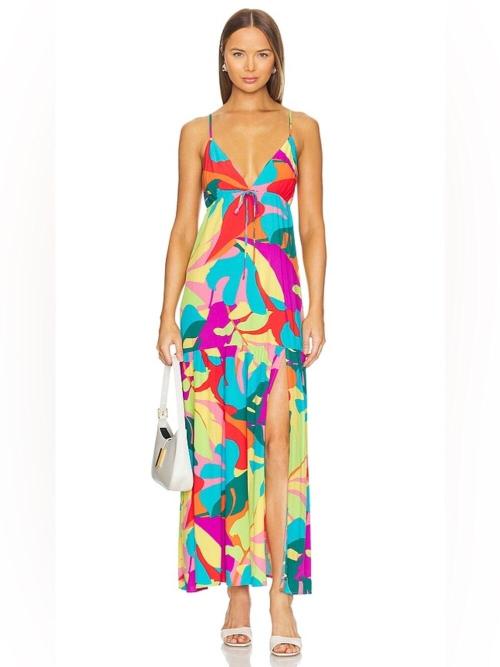 Lspace‎ Colorful Abstract Print Maxi Dress Women Tie Front Slip Summer Resort